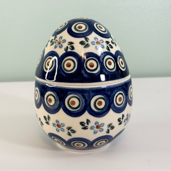 Boleslawiec Polish Pottery Easter Egg Container Candy 5” Handmade White Blue - Picture 3 of 10